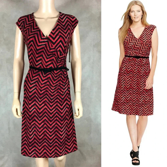 Ralph Lauren Red Chevron Belted Surplice Dress NWT Petite MEDIUM - Picture 1 of 10